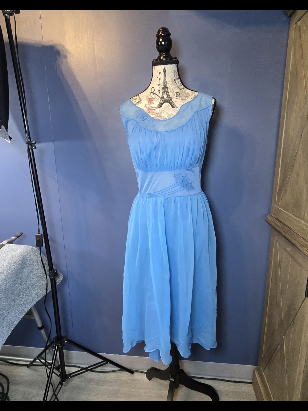 Vintage Shadowline Sky Blue Chiffon Midi Dress Womens XS Ruched Empire Waist